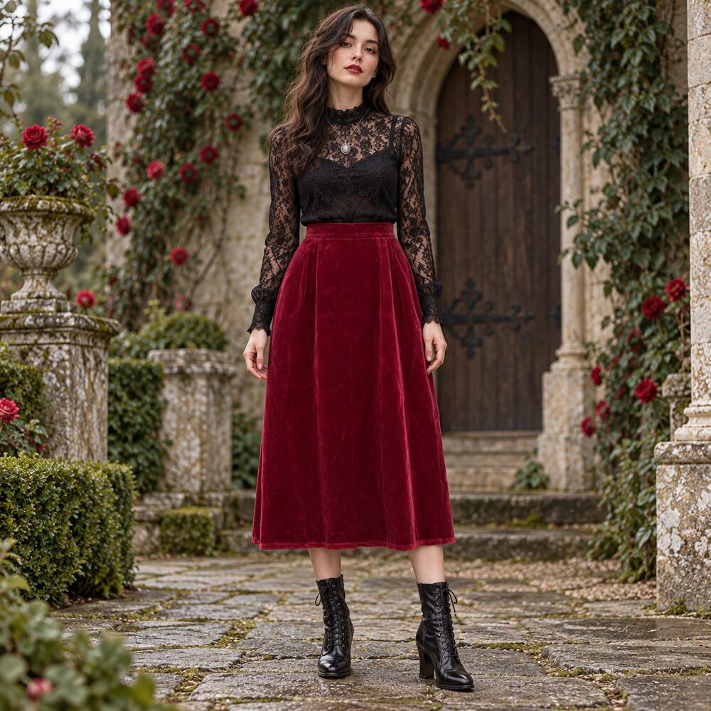 Vtg 60s Majestic Velvet Midi Skirt Sz 00 Burgundy Whimsigoth Dark Academia Retro